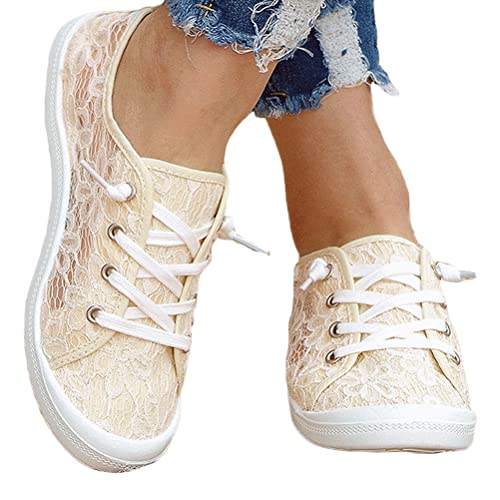 seiveini Damen Laufschuhe Bestickte Sneaker Spitze Atmungsaktive Blumenmuster Mesh Hohle Freizeitschuhe Schnürschuhe Outdoorschuhe Leicht Sportlich Schuhe Wanderhalbschuhe C Aprikose 39 EU von seiveini