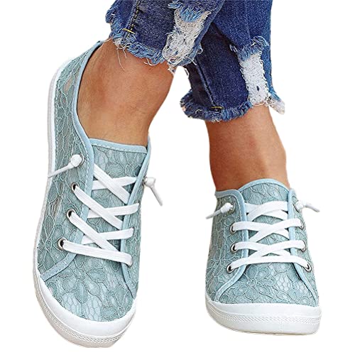 seiveini Damen Laufschuhe Bestickte Sneaker Spitze Atmungsaktive Blumenmuster Mesh Hohle Freizeitschuhe Schnürschuhe Outdoorschuhe Leicht Sportlich Schuhe Wanderhalbschuhe C Blau 36 EU von seiveini