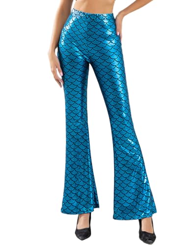 seiveini Damen Meerjungfrau-Hose Slim Fit Damen Leggings Sexy Mermaid Meerjungfrau Glanz Leggings Fisch Schuppen Scale Glänzend Strumpfhose für Frauen Fisch Pants Skinny A Blau L von seiveini