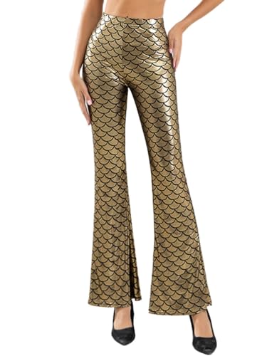 seiveini Damen Meerjungfrau Leggings Fischschuppen Druck Mermaid Schlaghosen Skinny Hose Metallic Lange Strumpfhose Ausgestelltem Disco Party Karneval Club Cosplay A Gold M von seiveini
