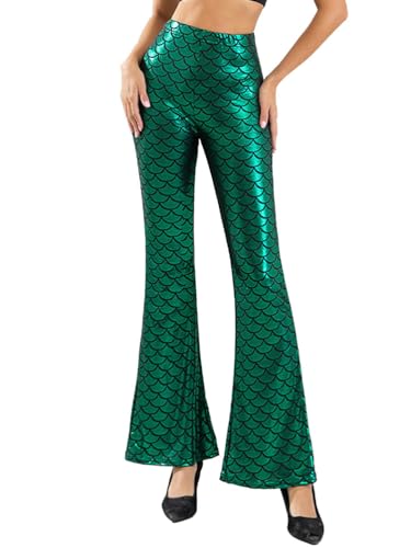 seiveini Damen Meerjungfrau Leggings Fischschuppen Druck Mermaid Schlaghosen Skinny Hose Metallic Lange Strumpfhose Ausgestelltem Disco Party Karneval Club Cosplay A Grün L von seiveini