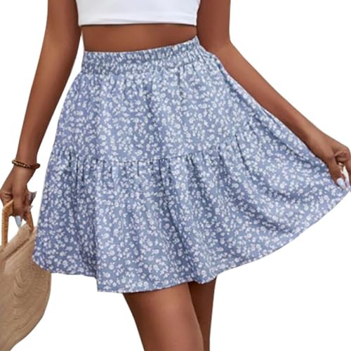 seiveini Rock Damen Sommer Kurz Röcke Hohe Taille Blumenrock Minirock Plissee A-Linie A Blau S von seiveini