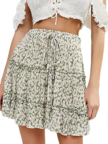 seiveini Damen Minirock Rockabilly Strandrock Casual Blümchen Sommerrock Frauen Mini A-Linie Rock Floral Print Kordelzug Elastische Hohe Taille Kurz Rock Boho A Grün L von seiveini