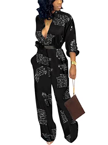 seiveini Damen Overall Elegante Sommer Ärmellose mit Bindegürtel Jumpsuit V-Ausschnitt Druck Set Hosenanzug Casual Hohe Taille Bandage Festlich Business Schwarz 2 M von seiveini