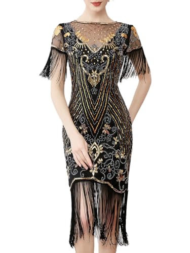 seiveini Damen Paillettenkleid mit Quasten Elegant Fransenkleid Kurze Ärmel Glitzer Kleid 1920s Bodycon Partykleid Kurz Sexy Ballkleid Festlichkleid Midi Kleid Latein Outfits A Schwarz S von seiveini