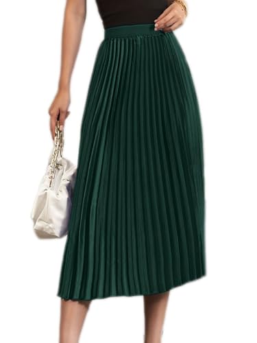 seiveini Damen Plisseerock Länge Elegant Plissee-Maxirock Elastische Taille Chiffon Langer Faltenrock Elastischer Bund für Frühling Sommer Herbst Rock Lang 90cm Einfarbig Vintage A Dunkelgrün M von seiveini