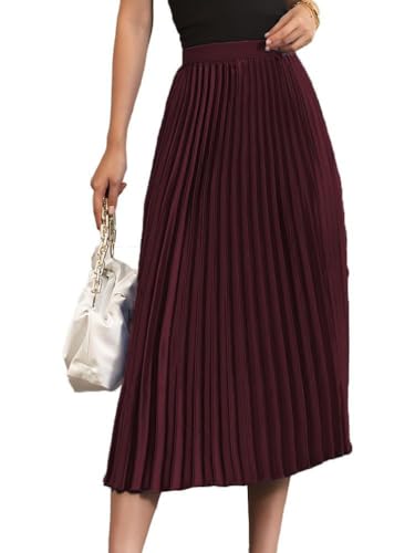 seiveini Damen Plisseerock Länge Elegant Plissee-Maxirock Elastische Taille Chiffon Langer Faltenrock Elastischer Bund für Frühling Sommer Herbst Rock Lang 90cm Einfarbig Vintage A Weinrot M von seiveini