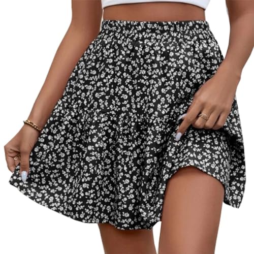 seiveini Sommerrock Damen Kurz Y2k Blumenrock Leicht Mini Rock Rüschen Freizeitrock Skater Skirts A Schwarz S von seiveini