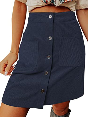 seiveini Cordrock Damen Kurze Rock mit Knopf Minirock Herbst Winter Röcke High Waist Bleistiftrock Freizeitrock A Blau M von seiveini