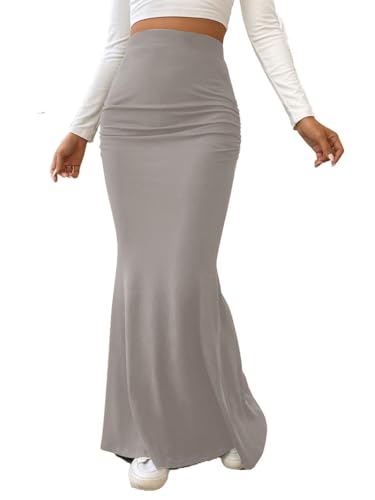 seiveini Damen Rock Lang Stretch Maxirock Bodycon Bleistiftrock Plissee Elegant Chic Röcke Bodycon Casual Freizeitrock Hohe Taille Einfarbig Sommerrock Langer Strandrock A Grau XL von seiveini