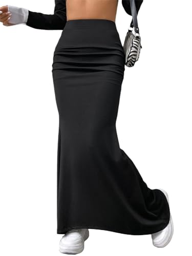 seiveini Damen Rock Lang Stretch Maxirock Bodycon Bleistiftrock Plissee Elegant Chic Röcke Bodycon Casual Freizeitrock Hohe Taille Einfarbig Sommerrock Langer Strandrock A Schwarz XXL von seiveini