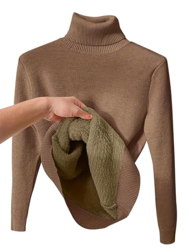 seiveini Damen Rollkragenpullover Slim Fit Pullover Langarm Strickpulli Elegant Pulli Plüsch Gefütterte Sweater Feinstrickpullover Einfarbig Retro Knitted Plüschpullover Warme Dicke A Braun XL von seiveini