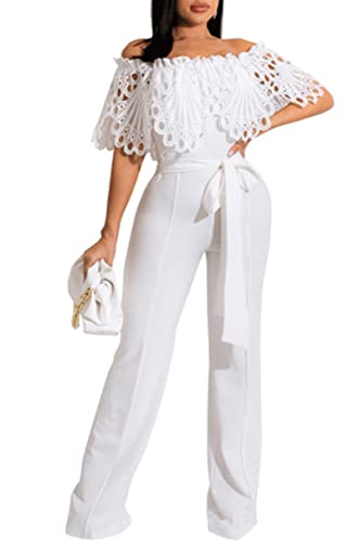 seiveini Damen Romper mit Spitze SommerJumpsuit Elegant Overall OL Lang Hosenanzug Frauen Playsuit Chic Einfarbig Retro Spitzen Overalls Catsuit Slim Fit E Weiß S von seiveini