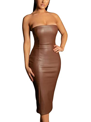 seiveini Damen Sexy PU-Lederkleid Figurbetontes Kleid V-Ausschnitt Trägerkleid Hüftkleid Party Kleid Cocktailkleid Nachtclub-Kleid Chic Tunika Kleider A Braun S von seiveini