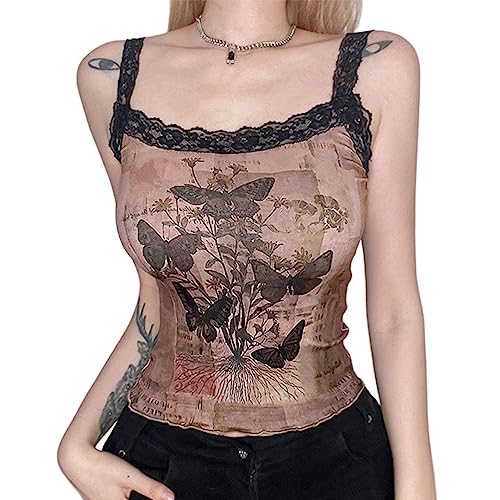 seiveini Damen Spaghettiträger Spitze Crop Camisole Ärmellos Punk Gothic Korsett Spitzen Unterwäsche Sommer Cami Top Vintage Tank Top Y2k Slim Fit Spitzentop E-Girl Streetwear Q Khaki S von seiveini