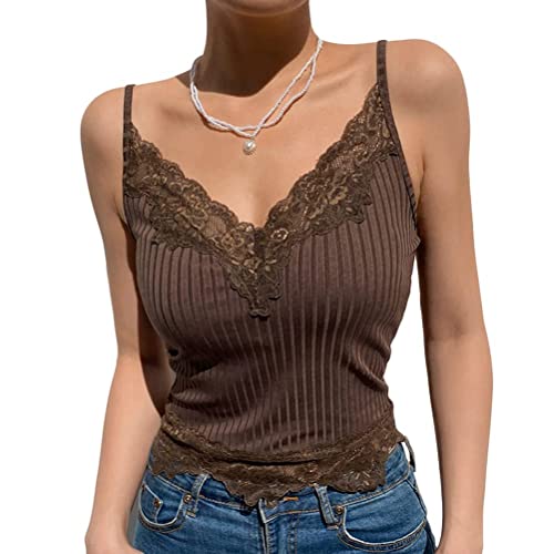 seiveini Damen Spaghettiträger Spitze Crop Camisole Ärmellos V-Ausschnitt Spitzen Unterwäsche Sommer Cami Top Vintage Tank Top Y2k Slim Fit Spitzentop Streetwear C Braun L von seiveini