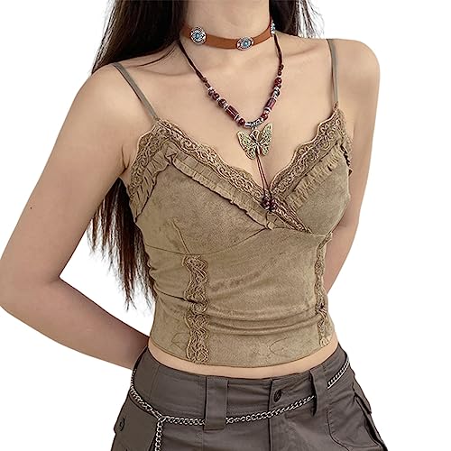 seiveini Damen Spitze Crop Camisole Ärmellos Punk Gothic Korsett Spitzen Unterwäsche Sommer Cami Top Spaghettiträger Vintage Tank Top Y2k Slim Fit Spitzentop E-Girl Streetwear Y Khaki S von seiveini