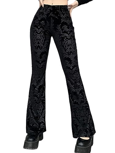 seiveini Damen Spitze Hose Schlank Breitbein Schlaghose Velvet Vintage Spitze Floral Hose Sexy Halloween Kostüm Hose Damen Gotic Y2K Bootcut-Hose Wide Leg Pants A6 L von seiveini