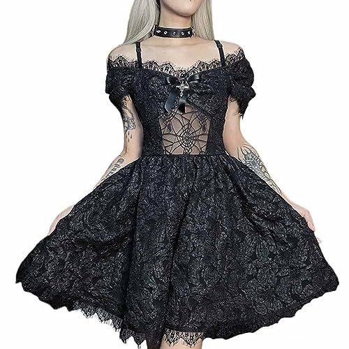 seiveini Damen Spitzen Rockabilly Kleid Knielang Retro Kleid Halloween Prinzessin Kleid Damen Vintage Kleid Schwarz Puffärmel Gothic Kleid Ärmellos Steampunk A-Line Kleider A4 Schwarz XS von seiveini