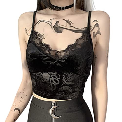 seiveini Damen Spitzen Tank Top Spaghettiträger Oberteil Spitzentop Camisole Y2K Crop Top Patchwork Spitze Tanktops Mädchen Harajuku Gothic Punk Tops Slim Fit Aesthetic Streetwear M Schwarz S von seiveini