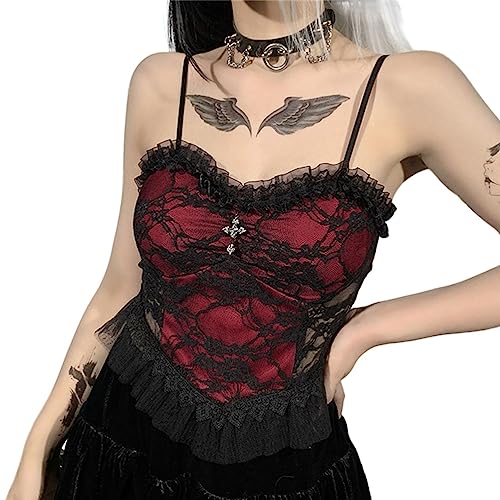 seiveini Damen Spitzen Tank Top Spaghettiträger Oberteil Spitzentop Camisole Y2K Crop Top Patchwork Spitze Tanktops Mädchen Harajuku Gothic Punk Tops Slim Fit Aesthetic Streetwear W Weinrot L von seiveini