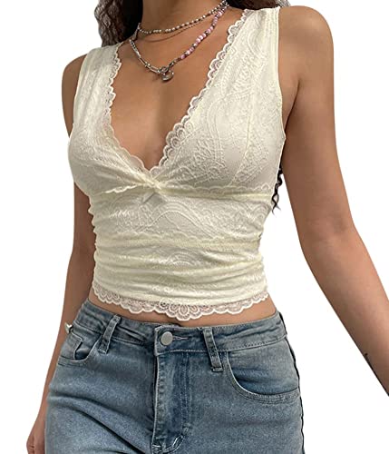 seiveini Damen Spitzen Top Spaghettiträger Tops V-Ausschnitt Oberteil Spitzentop Camisole Y2K Crop Top Patchwork Spitze Tanktops Mädchen Harajuku Slim Fit Aesthetic Streetwear B Weiß S von seiveini