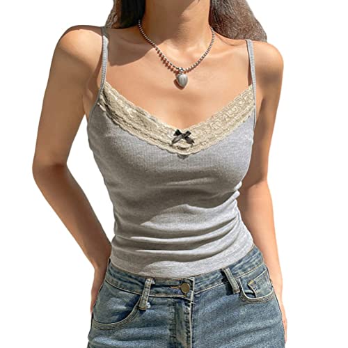 seiveini Damen Spitzen Top Spaghettiträger Tops V-Ausschnitt Oberteil Spitzentop Camisole Y2K Crop Top Patchwork Spitze Tanktops Mädchen Harajuku Slim Fit Aesthetic Streetwear D Grau S von seiveini