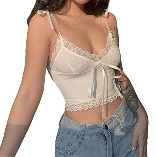 seiveini Damen Spitzen Top Spaghettiträger Tops V-Ausschnitt Oberteil Spitzentop Camisole Y2K Crop Top Patchwork Spitze Tanktops Mädchen Harajuku Slim Fit Aesthetic Streetwear G Weiß S von seiveini