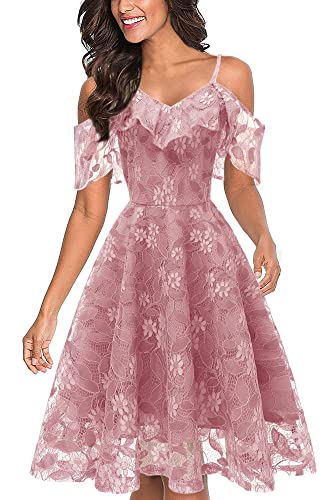 seiveini Damen Spitzenkleid Kurzarm Hohe Taille Midikleid Cocktailkleid Abendkleider Ballkleid Elegant Retro Mode Formal Abend Vintage Kleider F Rosa XXL von seiveini