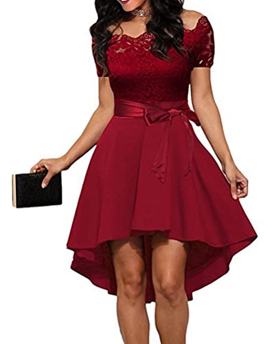 seiveini Damen Spitzenkleid Sommer Kurzarm Abendkleid Elegant Trägerlos Maxikleid Irregulär Kleid High Waist Kurz Ballkleid Cocktailkleid Mode Vintage Kleider A-Line A Weinrot L von seiveini