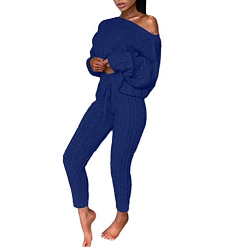 seiveini Damen Strick Hosenanzug Warm Gestrickter Zweiteilige Langarm Freizeitanzug Elastischer Loose Anzüge Elegante Set Zweiteiler Leisure Hose und Jumper Mode A Blau S von seiveini