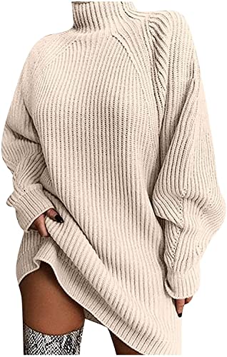 seiveini Damen Strickkleid Pulloverkleid Elegante Rollkragen Strickpullover Langarm Pulli Warme Tunika Winter Sweater Chic Oversize Casual Beige M von seiveini