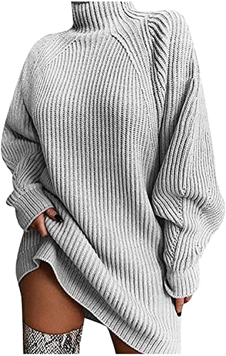 seiveini Damen Strickkleid Pulloverkleid Elegante Rollkragen Strickpullover Langarm Pulli Warme Tunika Winter Sweater Chic Oversize Casual Grau 3XL von seiveini