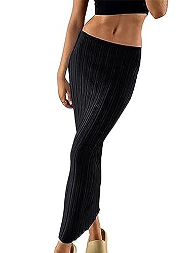 seiveini Damen Strickrock Hohe Taille Bleistift Rock Lang Elegant Maxi Rock Strandrock Sexy Slim Fit Rippenstrick Röcke Bodycon Stretch Rock Elastischer Sommerrock Figurbetonter A Schwarz L von seiveini