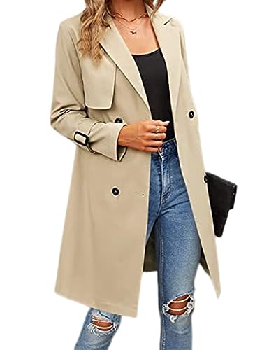 seiveini Damen Trenchcoat Zweireiher Langer Mantel Winddichter Jacke Klassische Revers Wintermantel Einfarbig Windjacke Vintage Damenmantel Übergangsmantel mit Gürtel Elegant A Khaki M von seiveini