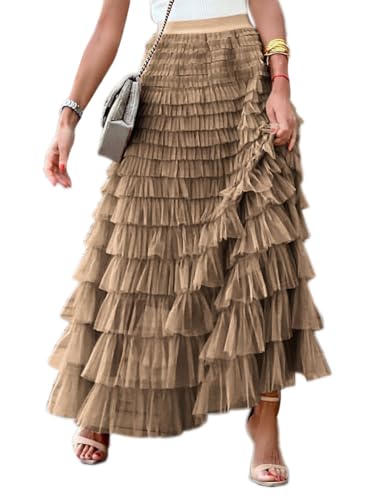 seiveini Damen Tüll Maxirock A Linien Hohe Taille Faltenrock mit Elastischer Bund Tüllrock Geschichteter Strandrock Damen Lang Sommer Tüll Rock Mesh Blumendruck Tutu Spitze Rock A Dunkelkhaki L von seiveini