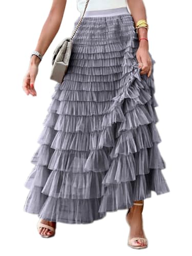 seiveini Damen Tüll Maxirock A Linien Hohe Taille Faltenrock mit Elastischer Bund Tüllrock Geschichteter Strandrock Damen Lang Sommer Tüll Rock Mesh Blumendruck Tutu Spitze Rock A Grau L von seiveini
