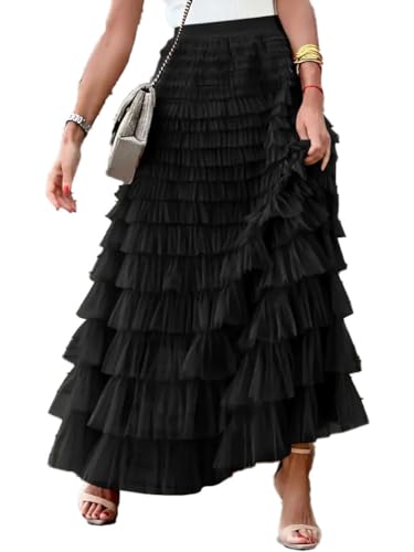 seiveini Damen Tüll Maxirock A Linien Hohe Taille Faltenrock mit Elastischer Bund Tüllrock Geschichteter Strandrock Damen Lang Sommer Tüll Rock Mesh Blumendruck Tutu Spitze Rock A Schwarz L von seiveini