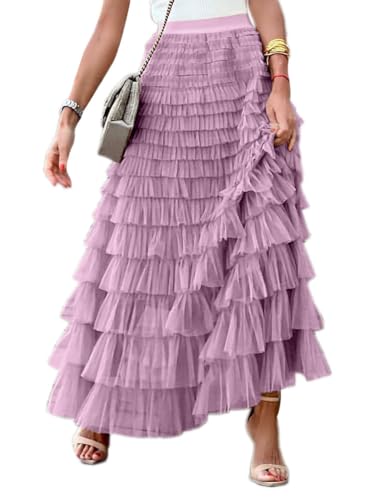 seiveini Damen Tüll Maxirock A Linien Hohe Taille Faltenrock mit Elastischer Bund Tüllrock Geschichteter Strandrock Damen Lang Sommer Tüll Rock Mesh Blumendruck Tutu Spitze Rock A Violett L von seiveini