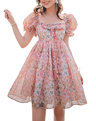 seiveini Damen Tüllkleid Trägerlos Chiffonkleid Abendkleid Minikleid Mesh Kleider mit Rüschen Spitzenkleid Geschwollener Prinzessin Kleid Cocktailkleid Chiffon Partykleid Ballkleid Vintage E Rosa M von seiveini