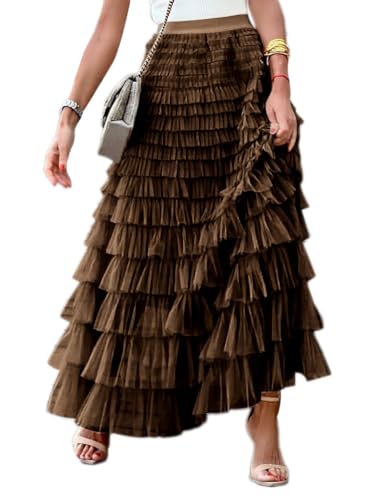 seiveini Damen Tüllrock Falten Rock Höhe Taille A Line Mesh Freizeit Spitze Midi Röcke Lang 3 Schichten Faltenrock Sommer Rock Lang Tausend Lagen Netzrock Elegant A Braun L von seiveini