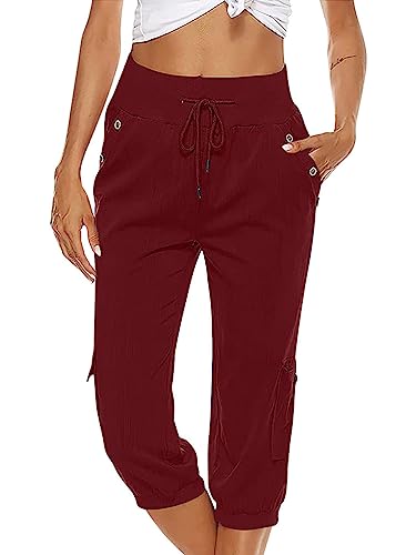 seiveini Damen Wanderhose Sommer Leicht 3/4 Trekkinghose Outdoorhose Funktionshose mit Gummizug Kordelzug und Taschen Capri Damen 3/4 Caprihose Trainingshose Sporthose A Weinrot L von seiveini
