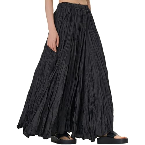 seiveini Faltenrock Damen Maxi Plisseerock Elegent Boho Rock Sommer A-Linie Swing Strandrock Lang Damen Plissierter Langer Rock Lässiger Hoher Taille Einfarbig Taille Elastisch A Schwarz L von seiveini