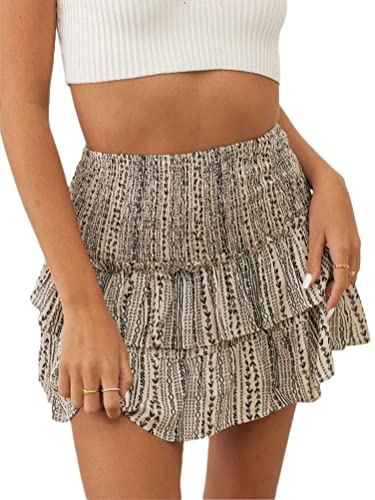 seiveini Blumenrock Damen Röcke Sommer Boho Rock mit Rüschen Kurz Plisseerock Hohe Taille Elastische Sommerrock A Linie Faltenrock Minirock A Khaki M von seiveini