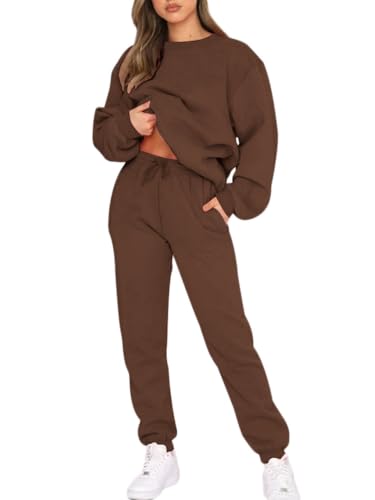 seiveini Freizeitanzug Damen Langarm Sweatshirt + Sporthosen Workout Set Für Frauen Herbst Winter Trainingsanzug Damen Rundhals Einfarbig Hosenanzug Damen Loungewear A Braun M von seiveini