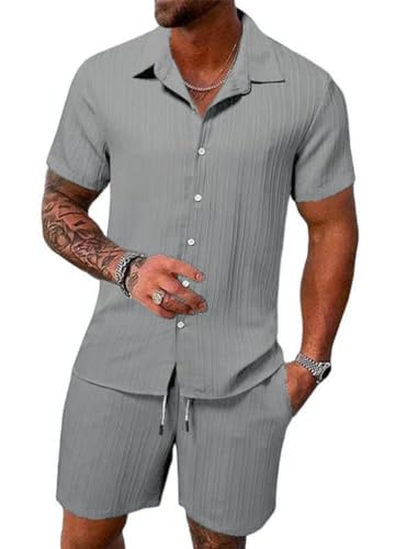 seiveini Freizeitanzug Herren Kurzarm Hemd mit Shorts 2 Teiliges Männer Leicht Atmungsaktiv Workout Set Sport Strand Sommer Outfits A Grau XL von seiveini