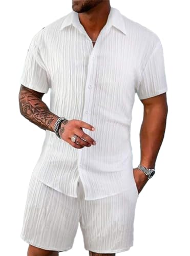 seiveini Freizeitanzug Herren Kurzarm Hemd mit Shorts 2 Teiliges Männer Leicht Atmungsaktiv Workout Set Sport Strand Sommer Outfits A Weiß XL von seiveini