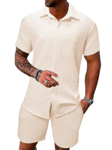 seiveini Freizeitanzug Herren Kurzarm Hemd mit Shorts 2 Teiliges Männer Leicht Atmungsaktiv Workout Set Sport Strand Sommer OutfitsC AprikoseS von seiveini
