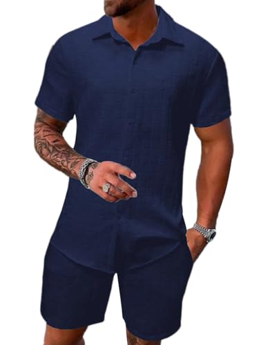 seiveini Freizeitanzug Herren Kurzarm Hemd mit Shorts 2 Teiliges Männer Leicht Atmungsaktiv Workout Set Sport Strand Sommer OutfitsC MarineL von seiveini