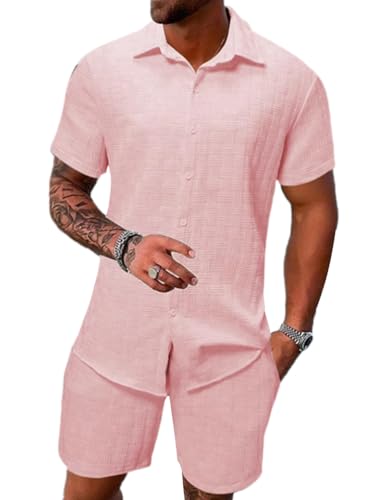 seiveini Freizeitanzug Herren Kurzarm Hemd mit Shorts 2 Teiliges Männer Leicht Atmungsaktiv Workout Set Sport Strand Sommer OutfitsC RosaS von seiveini